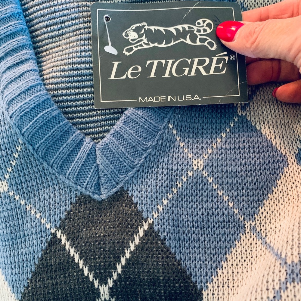 NWT Vintage Le Tigre Blue Argyle V Neck Sweater S - Picture 5 of 7